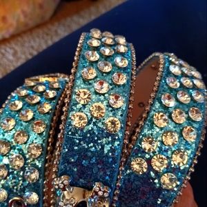 New Blue With White Rhinestone Accents Leather Belt Fits Waists 33" to 39.5"